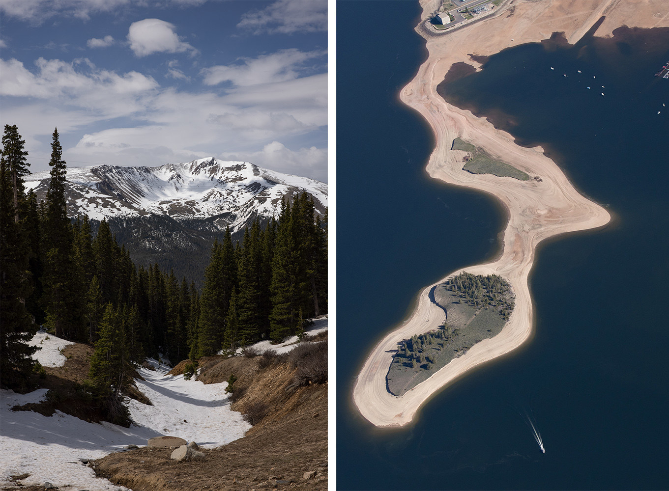 A snow-capped mountain and a half-empty lake seen from the sky in adjacent photos