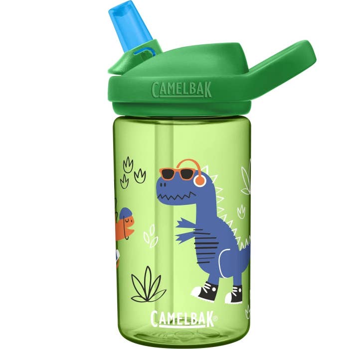 green plastic camelback water bottle with dino design and blue straw