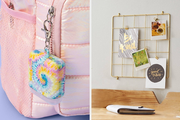 a tie-dyed ear pod holder; a wire note board