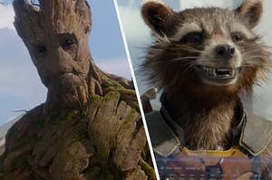 Groot stands tall against a cloudy sky and a close up of Rocket Raccoon smiles brightly to show his teeth