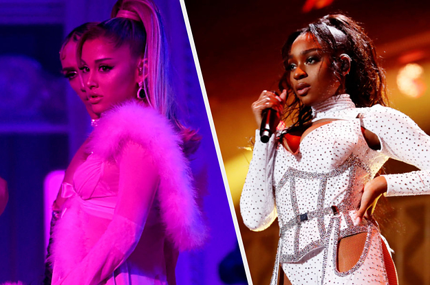 Ariana Grande stands in neon colored lighting and Normai stands on stage with one hand on her hip