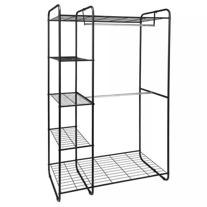 A black/silver, freestanding closet rack with five shelves, and two hanging rods