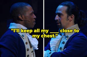 Aaron Burr and Alexander Hamilton stand close together as they have a discussion