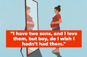 An illustration of a pregnant woman looking at herself in the mirror