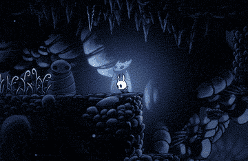 The playable character from Hollow Knight attacking enemies