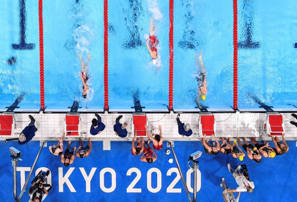 An overhead view of the swimmers in the pool