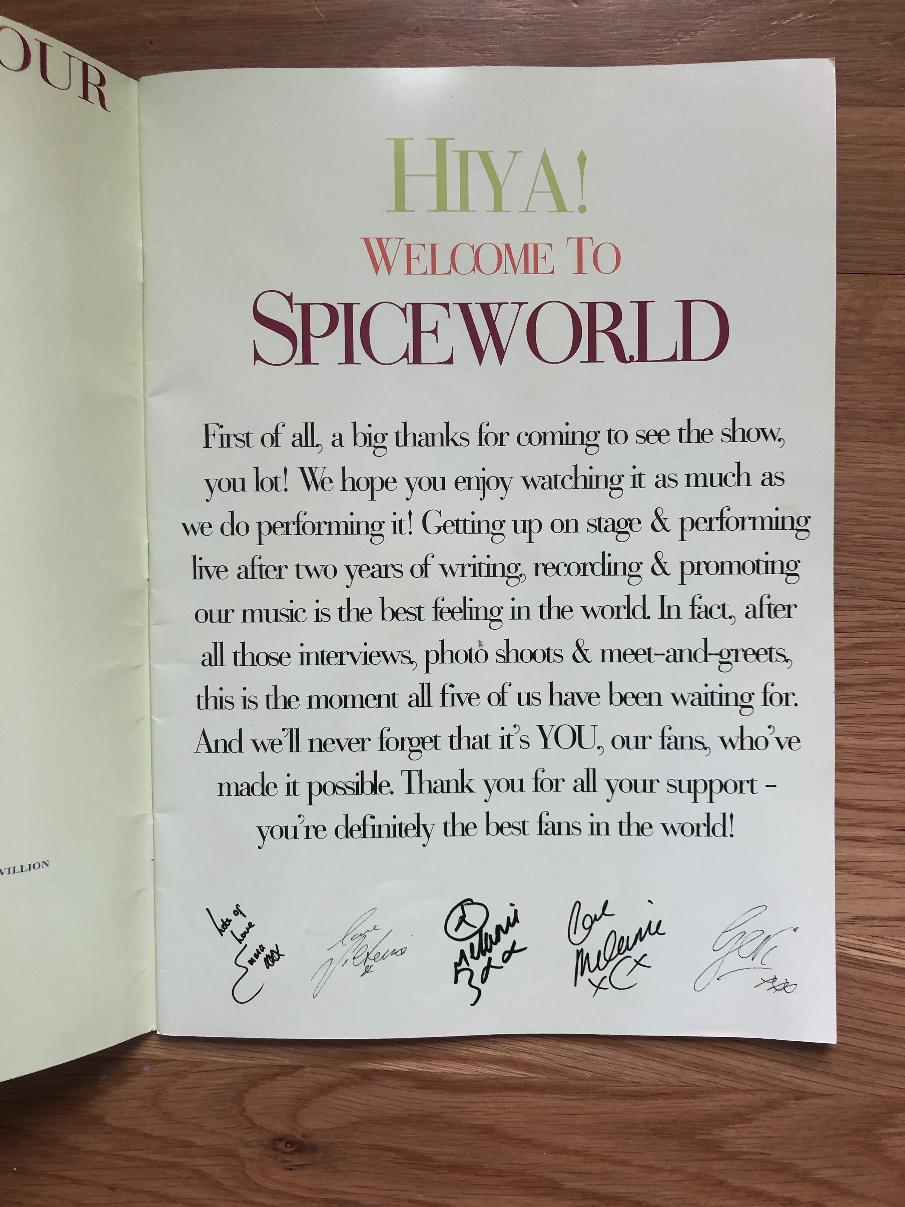 Message from the Spice Girls that reads: &quot;First of all, a big thanks for coming to see the show, you lot! We hope you enjoy watching it as much as we do performing it!&quot;