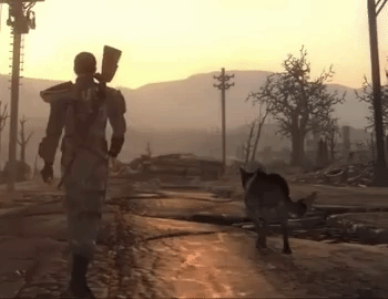 The main character from Fallout 3 walking down a road with his dog