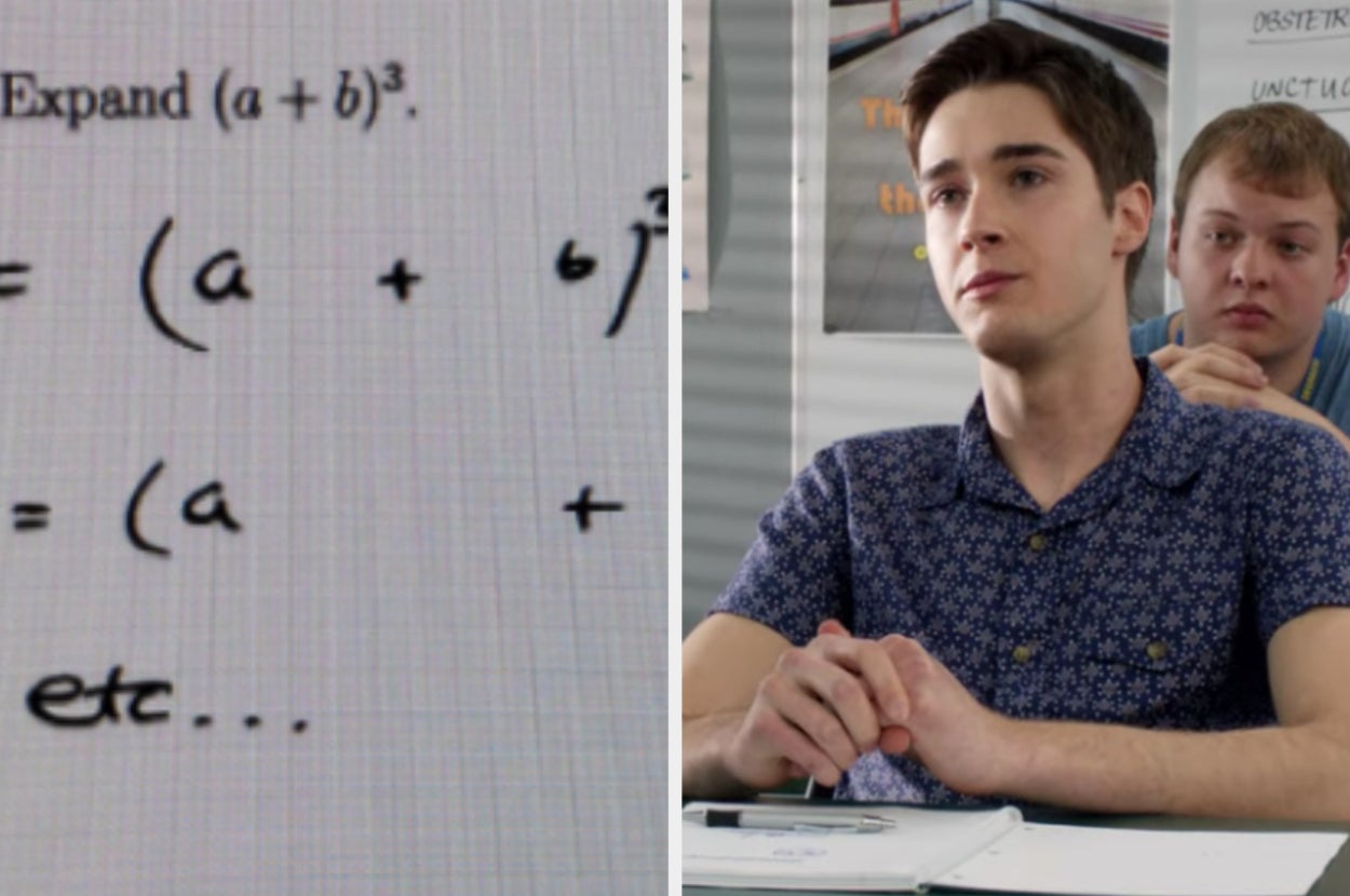 "expand a+b^3" written out in font with more space alongside Miles from Degrassi in class