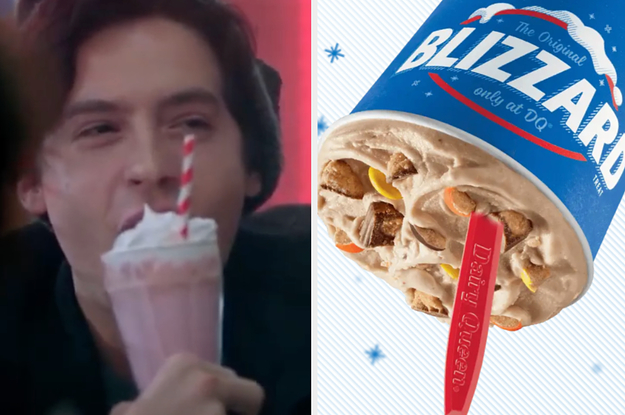 Jughead is on the left sipping a milkshake with a Blizzard on the right