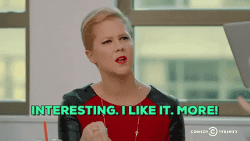 A gif of Amy Schumer saying &quot;Interesting, I like it, more&quot;