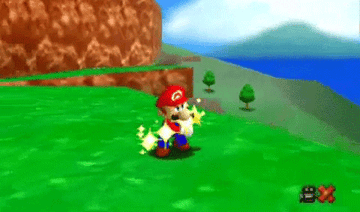Mario spinning and giving a peace sign to the camera after getting a star in Super Mario 64