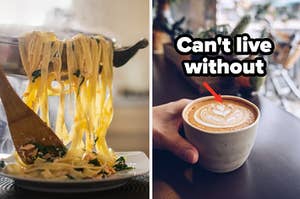 A chef is serving pasta on the left with a cup of coffee labeled, "Can't live without"