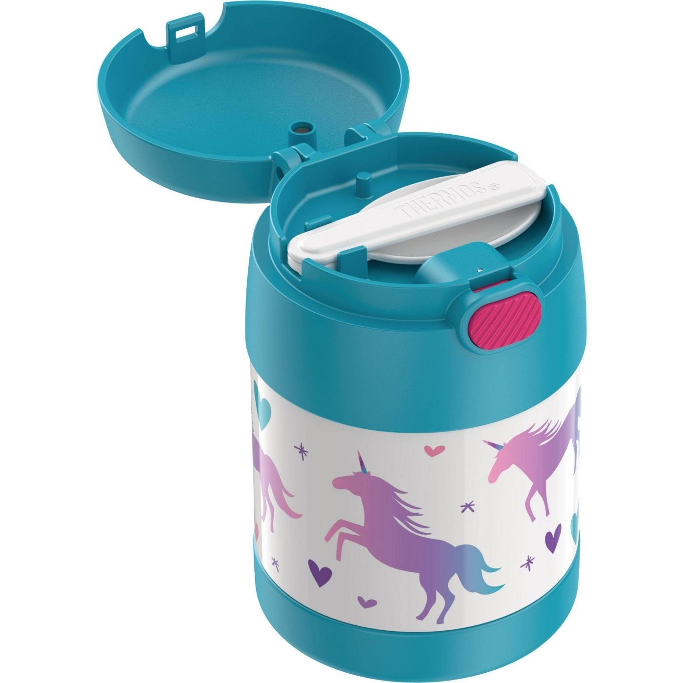Teal thermos with unicorn design and flip lid, foldable plastic spoon inside the lid