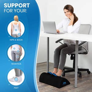 model using foot rest at work desk with chart showing benefits like support for posture and feet