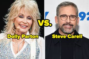 Dolly Parton and Steve Carell with the word "vs." between them
