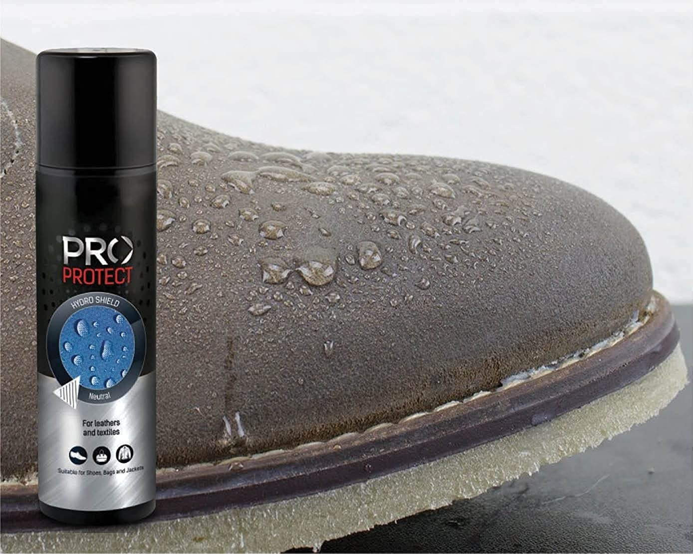 A water protection spray next to a shoe with water droplets on it