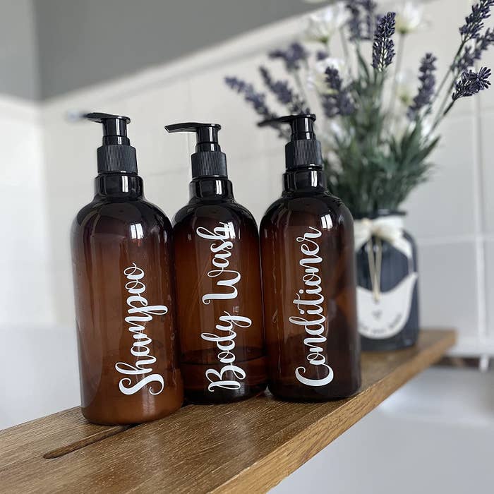 shampoo, conditioner and body wash bottles.