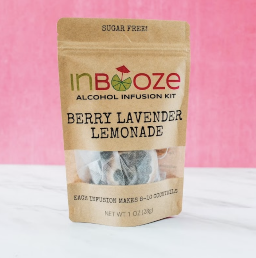 A berry lavender lemonade infuser kit with ingredients in a pouch
