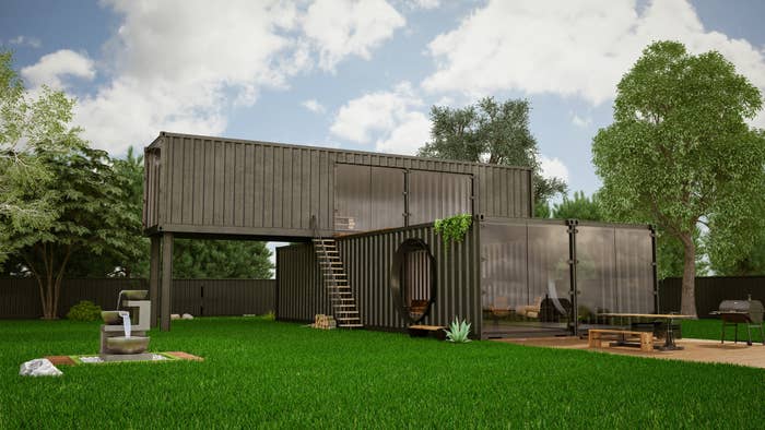 Cargo Container House with Garden. 3D Render