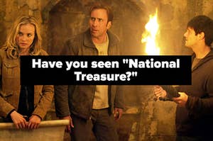 Abigail Chase and Ben Gates look off into the distance while Riley Poole stands next to them with a lit torch in "National Treasure"