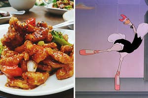 A plate of orange chicken is on the left with a swan dancing on the right