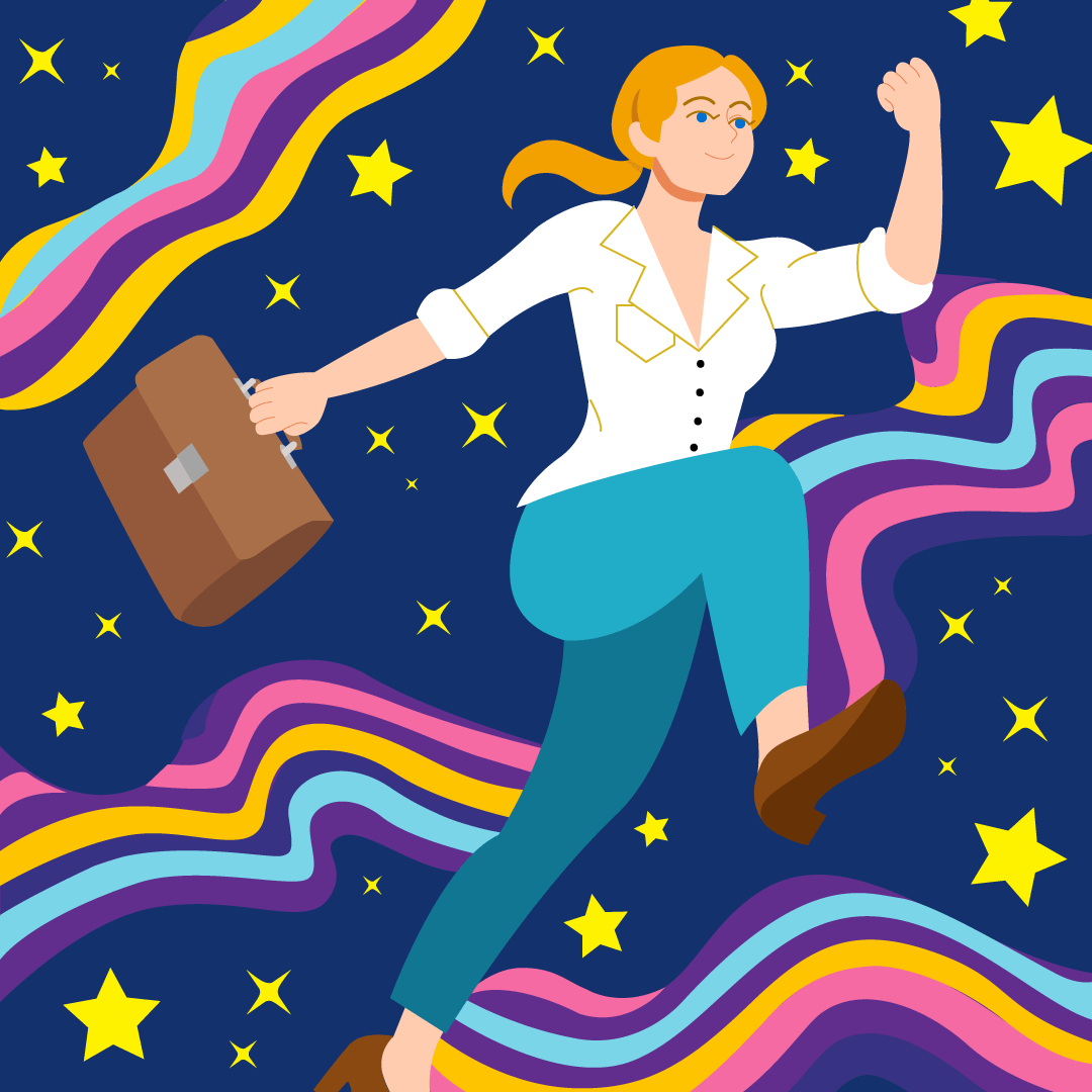 Woman running through stars with briefcase