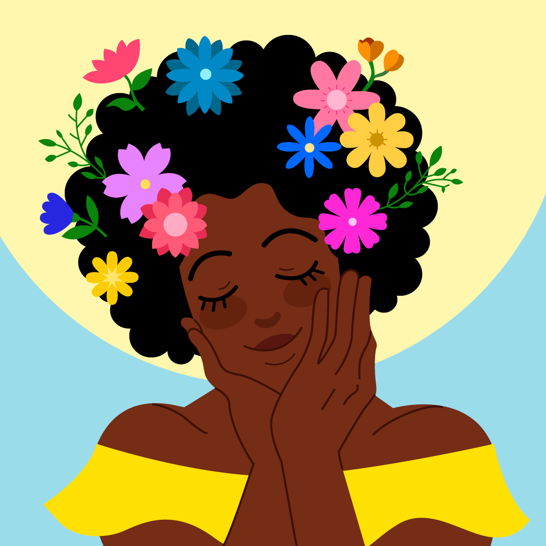Woman with flowers growing out of hair