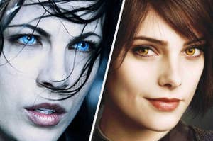 two girls – one with bright blue eyes and one with gold glowing eyes