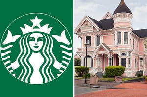 the starbucks logo on the left and a pink mansion on the right