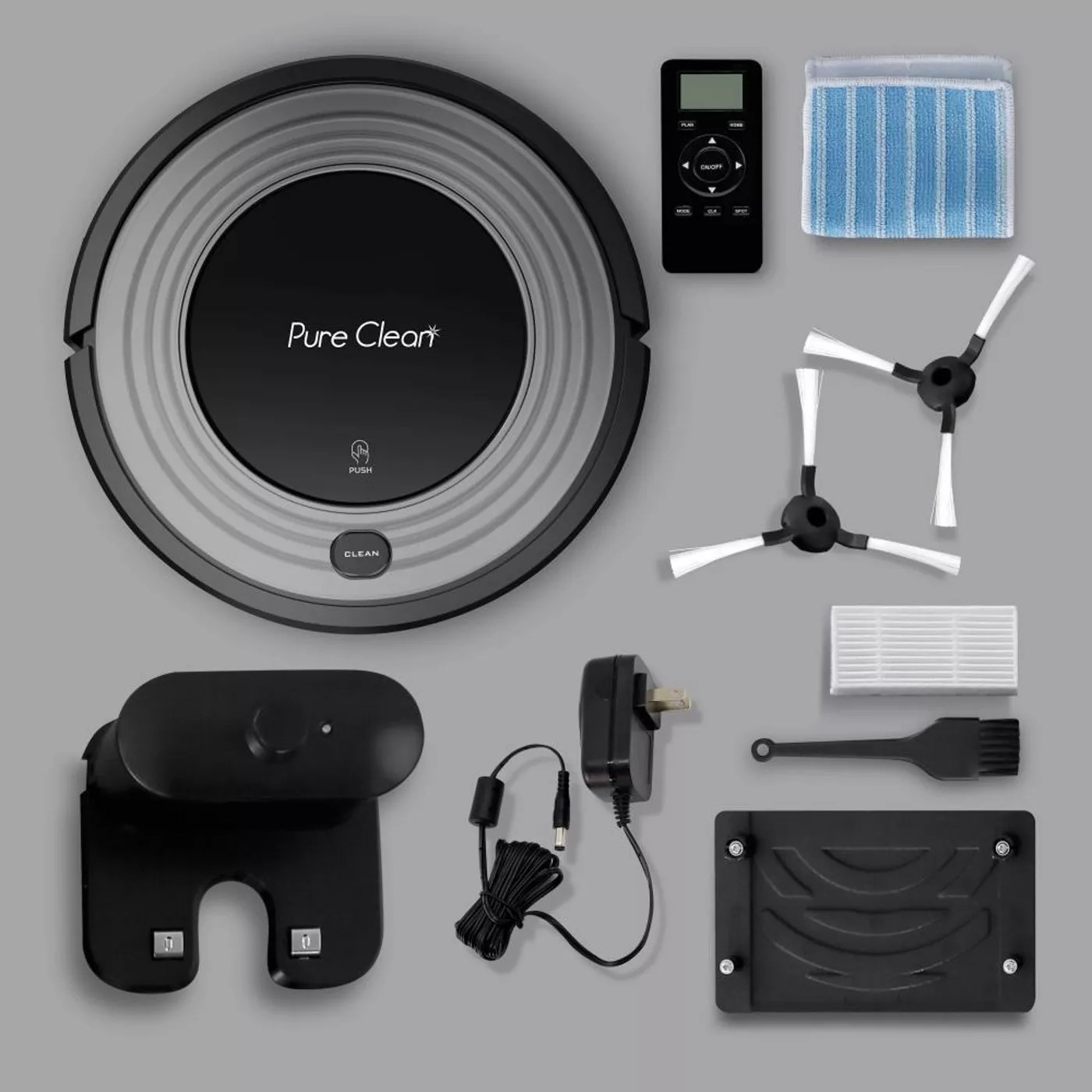 The black Pure Clean robot vacuum and accompanying accessories