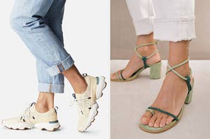 a model wearing white athletic sneakers; a model wearing green heels