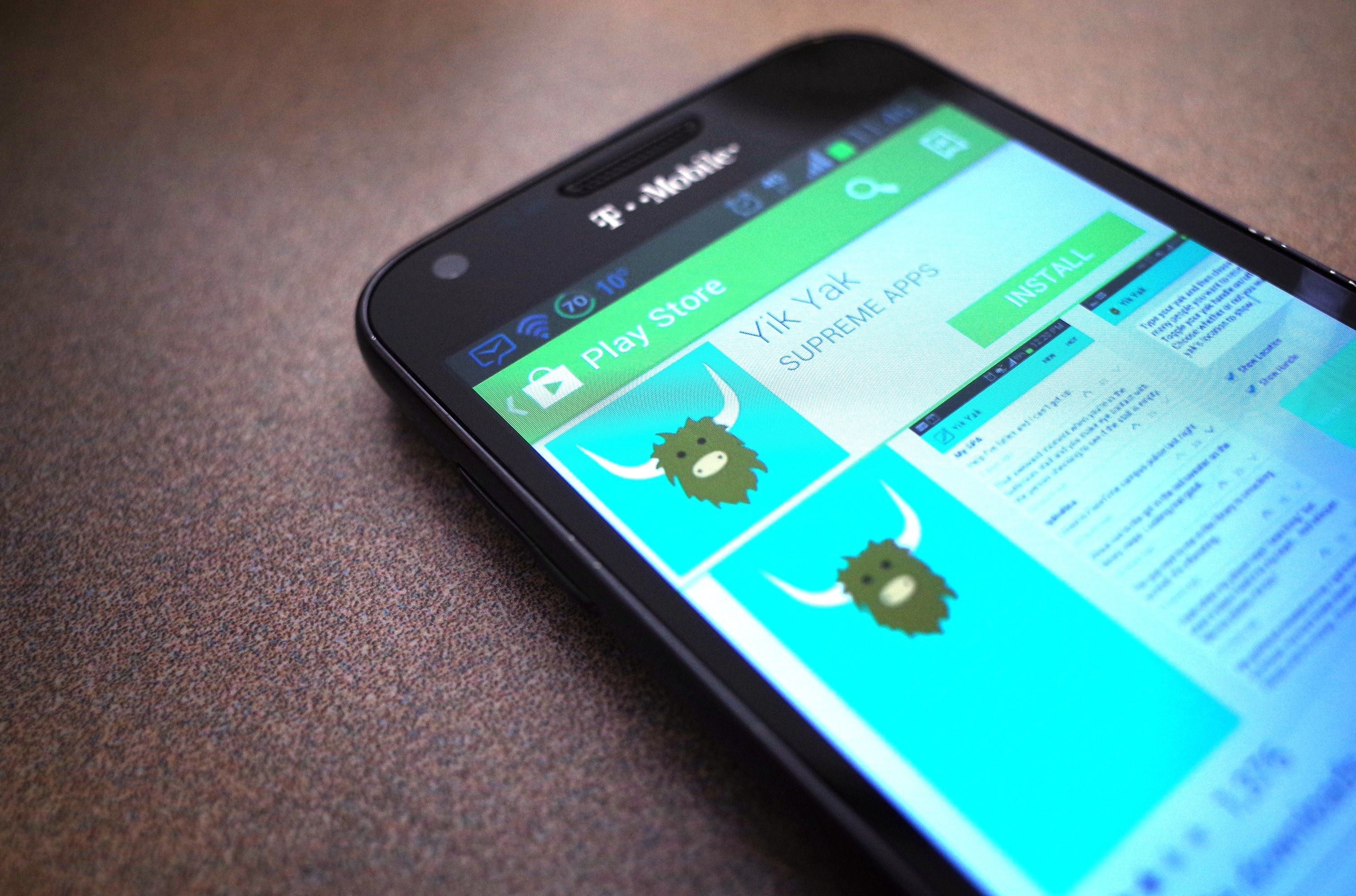 The Yik Yak page in the Google Play Store on a mobile phone