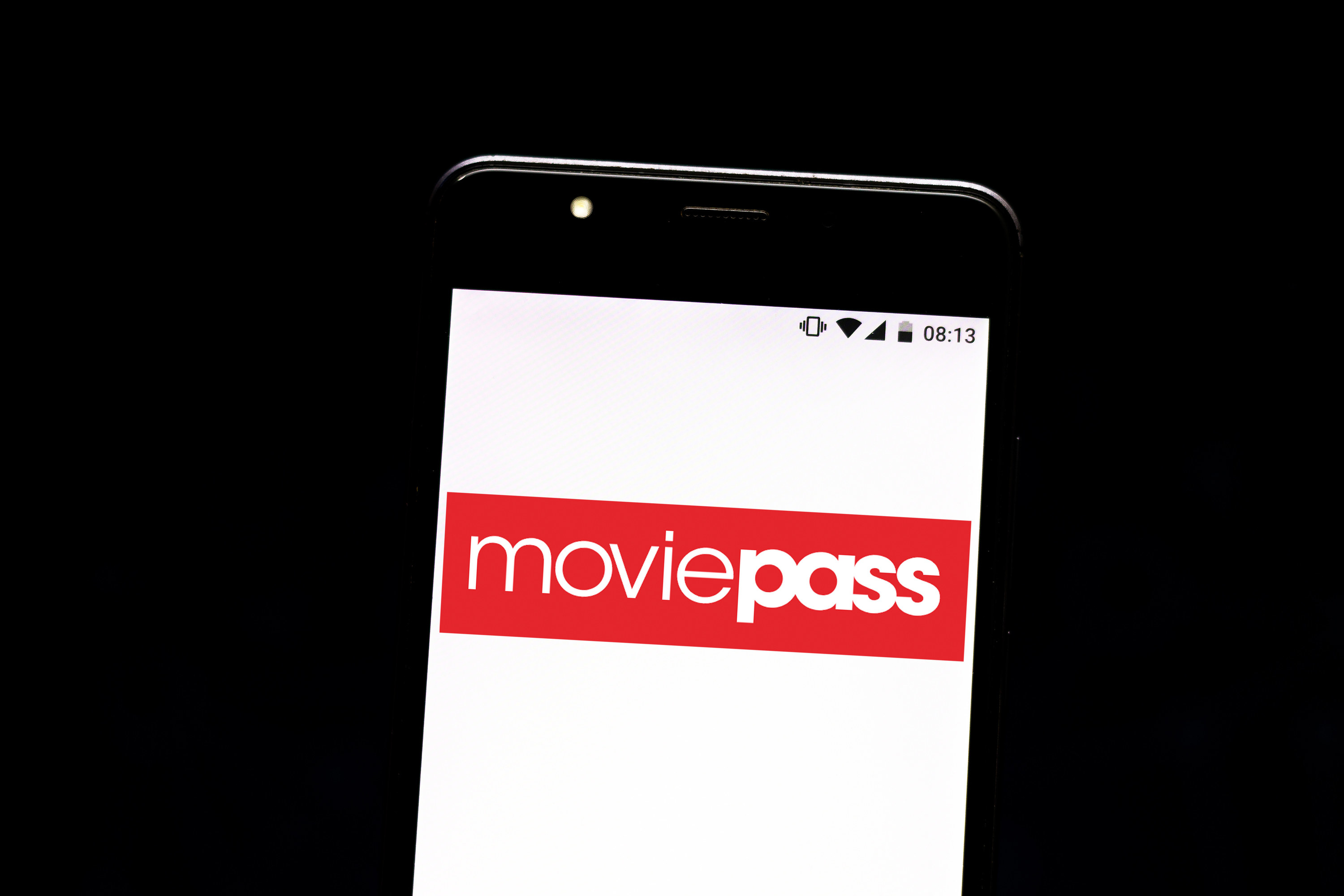 The MoviePass logo on a mobile phone