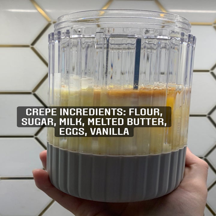 The crepe ingredients before blending: flour, sugar, milk, melted butter, eggs, vanilla