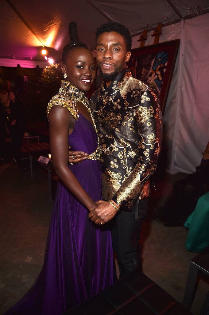 Lupita Nyong'o (L) and Chadwick Boseman at the Los Angeles World Premiere of Marvel Studios' BLACK PANTHER