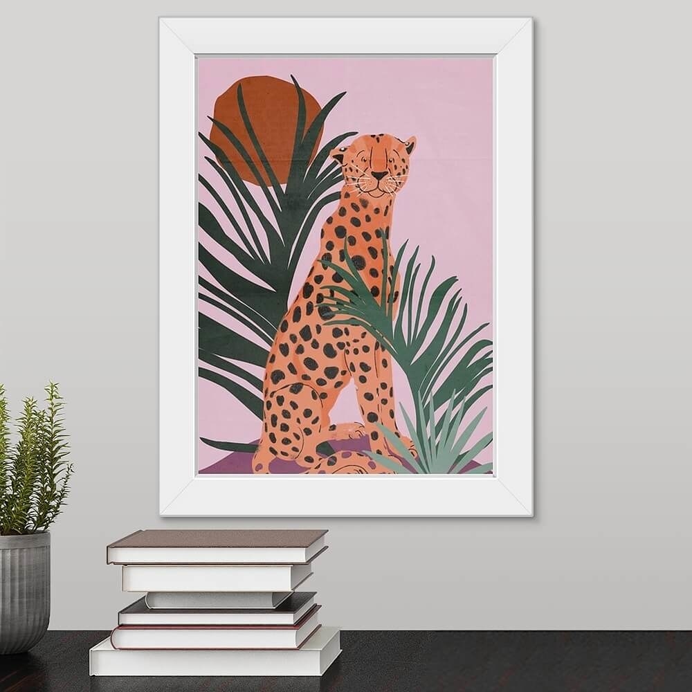 colorful cheetah art print framed in white