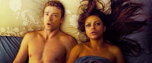 Justin Timberlake and Mila Kunis laying next to each other after sex in "Friends With Benefits" and the sheet is pulled up over Mila's chest, but not Justin's