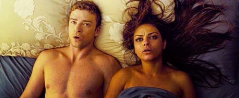 Justin Timberlake and Mila Kunis laying next to each other after sex in &quot;Friends With Benefits&quot; and the sheet is pulled up over Mila&#x27;s chest, but not Justin&#x27;s