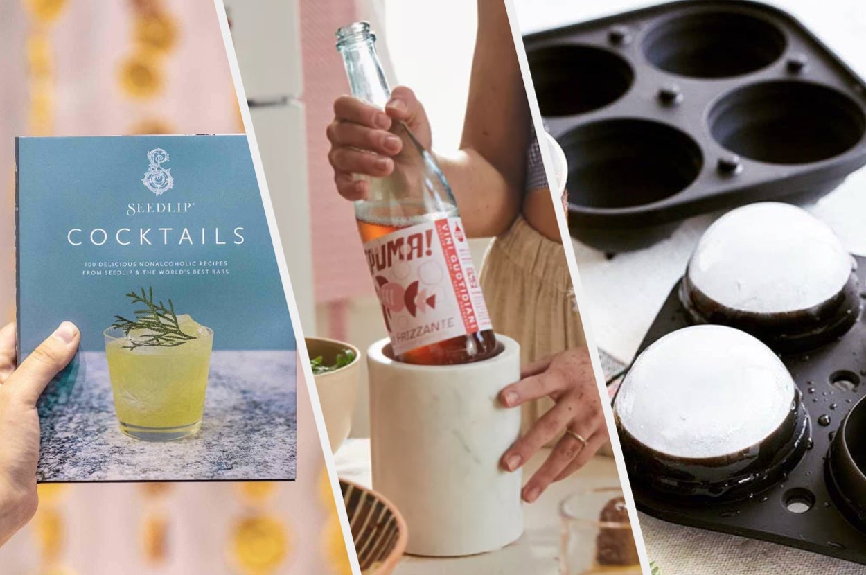a mocktail recipe book, a marble wine chiller, and spherical ice moulds