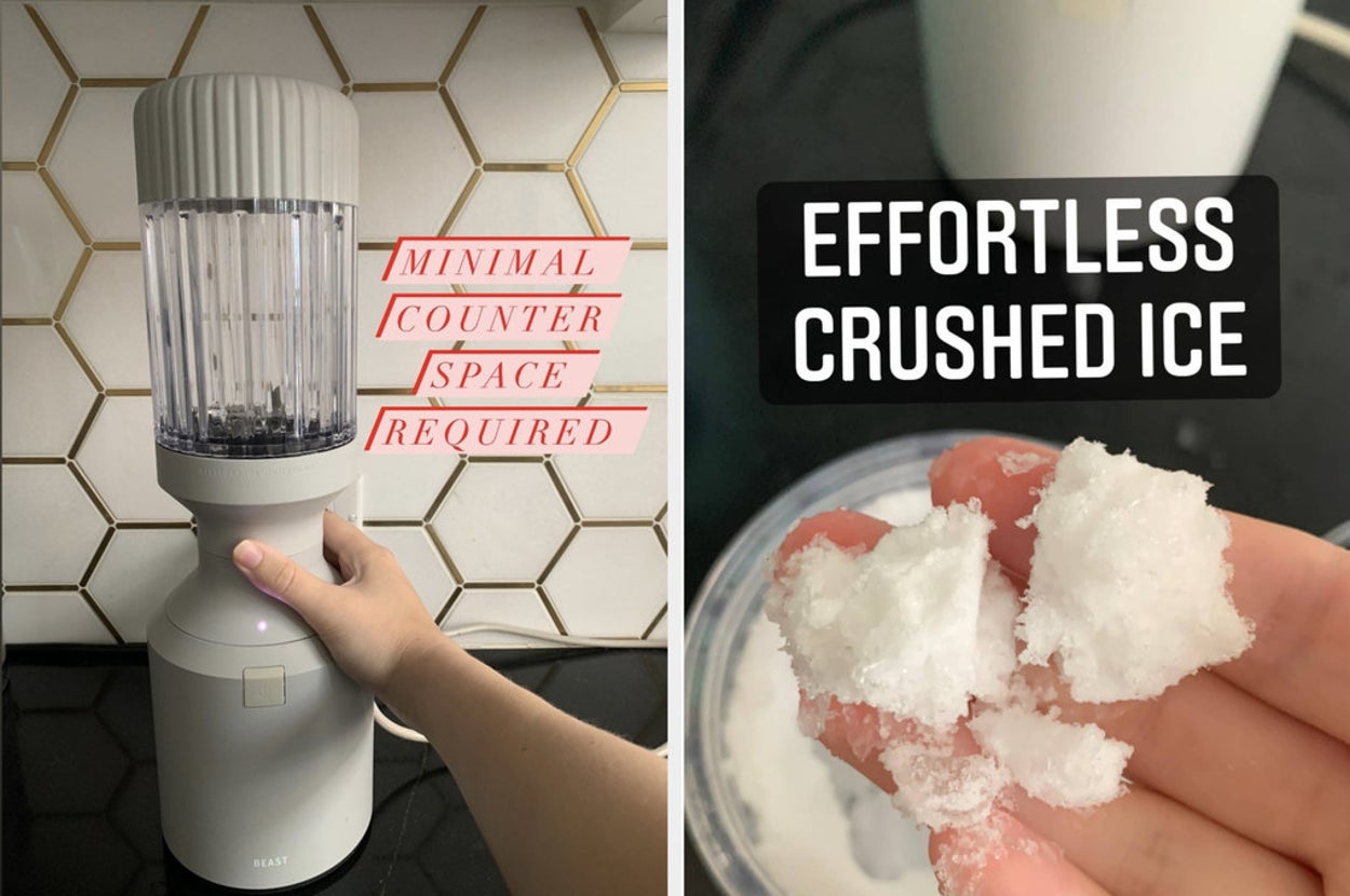 The grey blender with text minimal counter space required / my hand holding crushed ice
