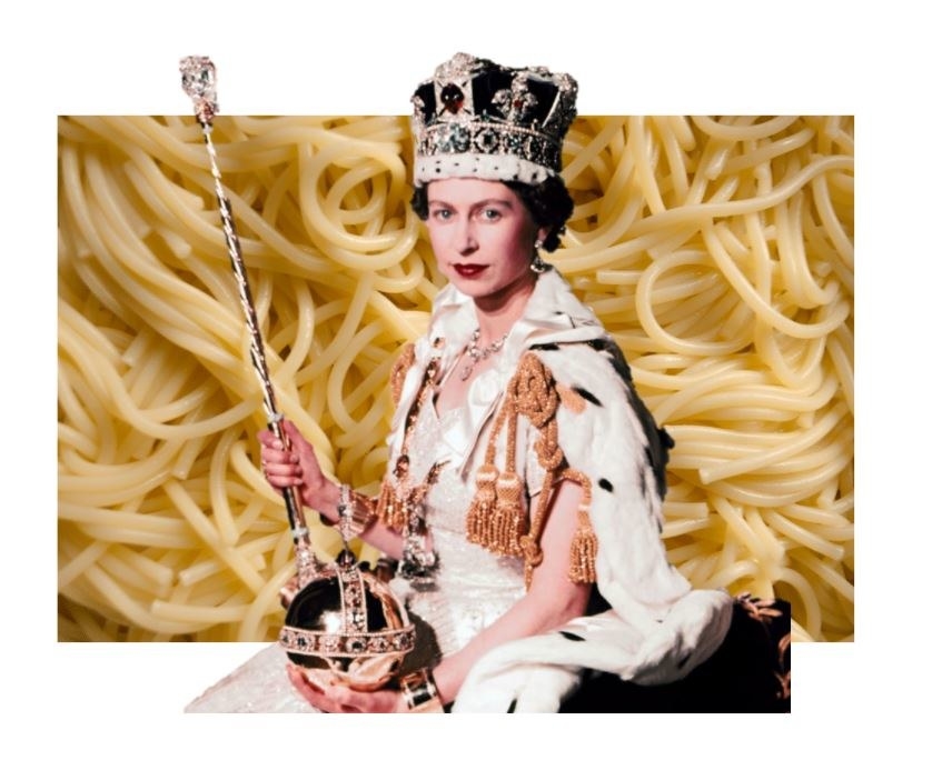 picture of young queen lizzie lizzo looking regal edited to have a background of spaghetti behind her?
