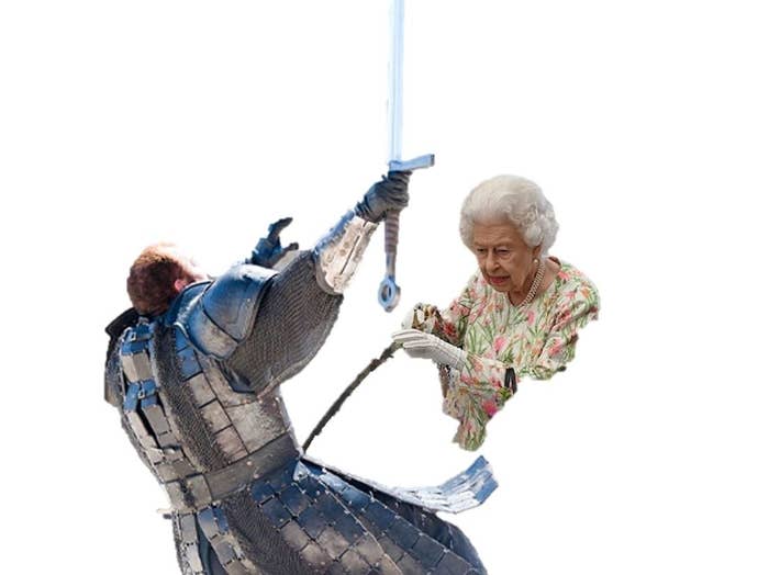 queen Elizabeth sword fighting a knight 