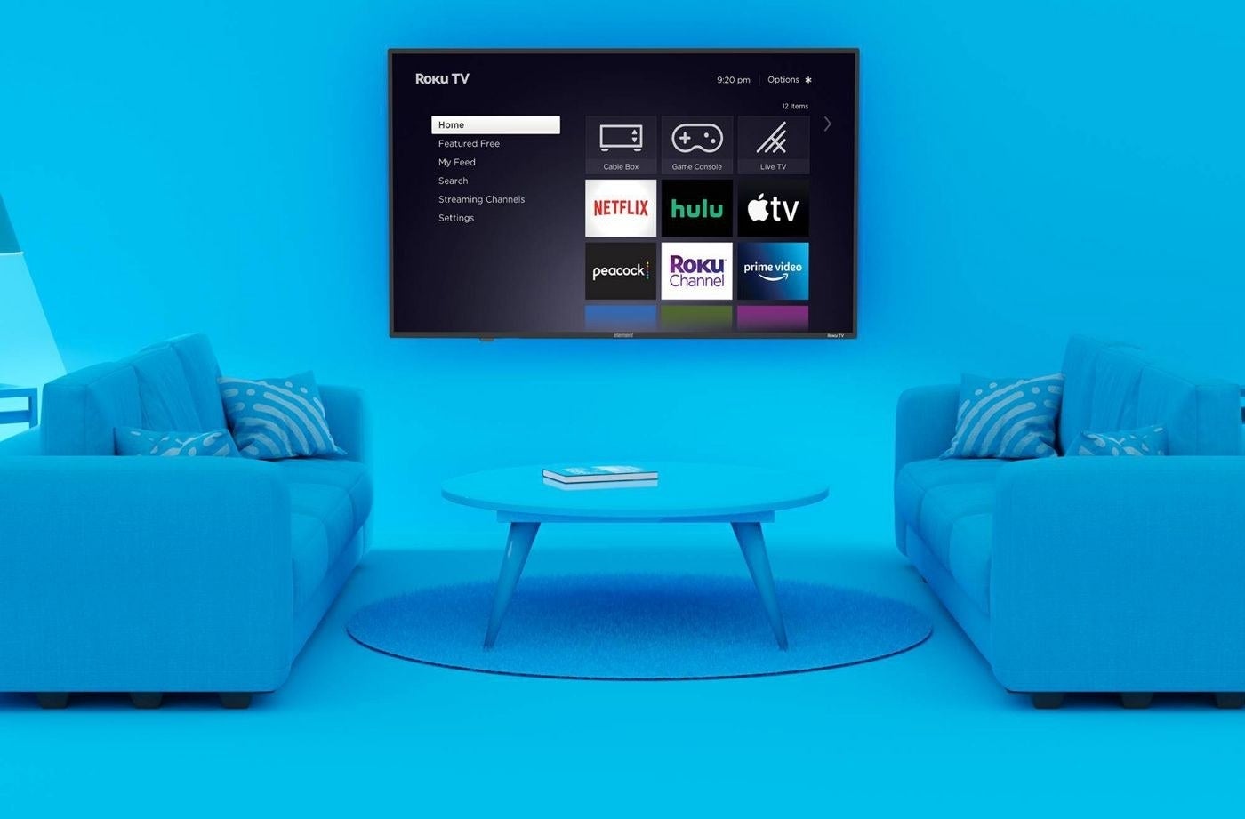 the TV in a blue-lit living room