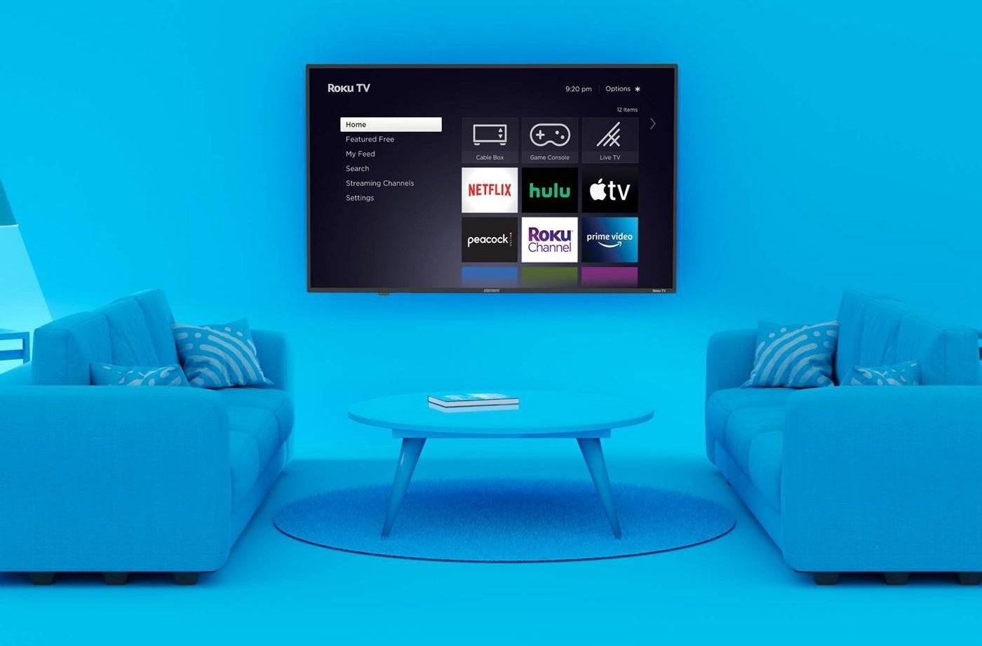 the TV in a blue-lit living room