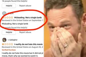 A one star review that says "Misleading, not a single lamb" written next to a man laughing with his hands over his face