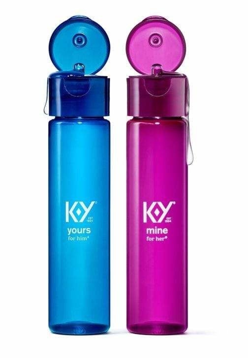 Blue bottle of Yours and pink bottle of Mine