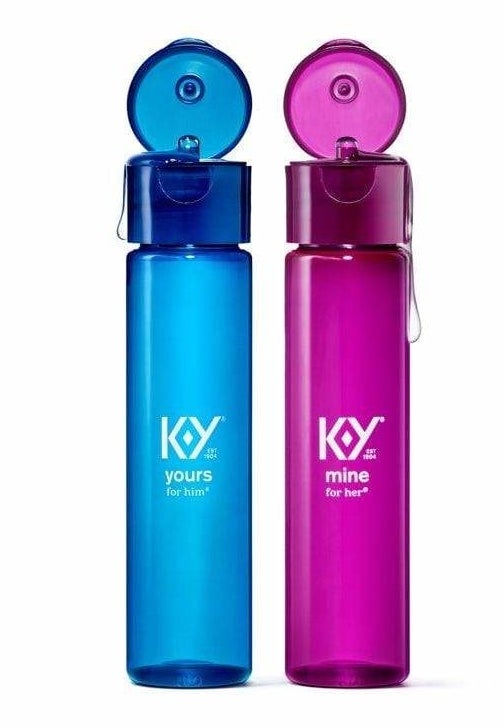 Blue bottle of Yours and pink bottle of Mine