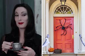 morticia adams on the left drinking tea and an orange door with a giant spider on the front