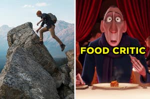 On the left, someone climbing a mountain, and on the right, Anton Ego eating some ratatouille in the movie Ratatouille labeled food critic